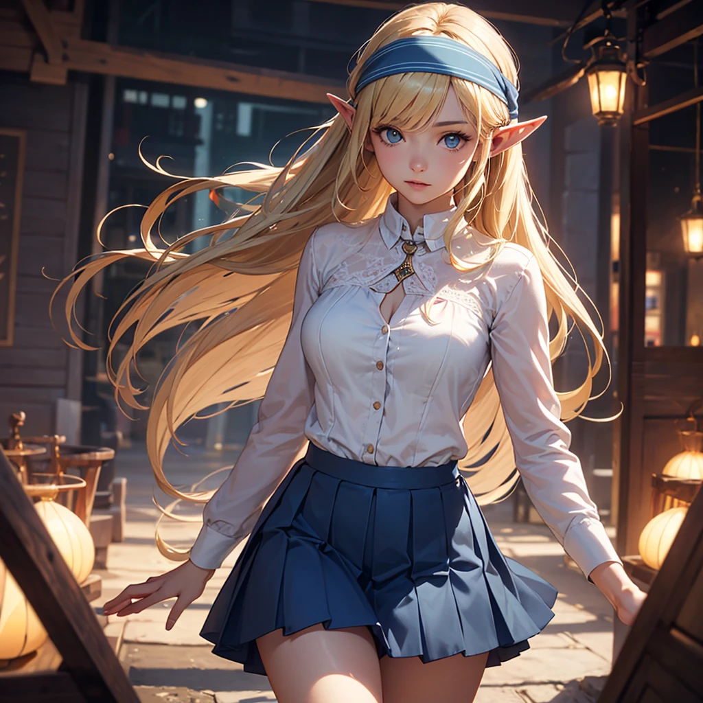 CG, Unity, 8k, wallpaper, Highest quality, masterpiece, Lovely lady, 18-year-old, (Realistic), Best lighting, Complex pupil, Intricate weaving, Elf Girl、A composition that shows the whole body,One Woman,Full Body、Blue skirt and headband,Blonde