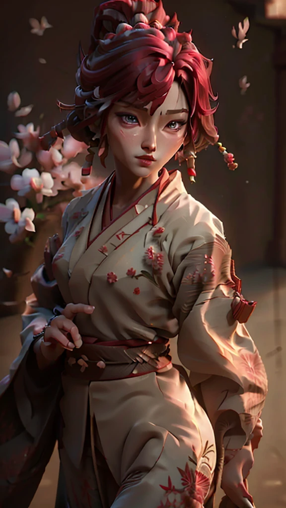 une guerrière ronin,Ahri,portant une robe traditionnelle japonaise,Visage détaillé,Beaux yeux détaillés,belles lèvres détaillées,traits du visage extrêmement détaillés,long cils,élégant,Pose gracieuse,superbe kimono aux motifs complexes,pétales de sakura tombant en arrière-plan,couleurs vives,Éclairage dramatique,très détaillé,8k, Photoréaliste,chef-d&#39;œuvre, fond propre