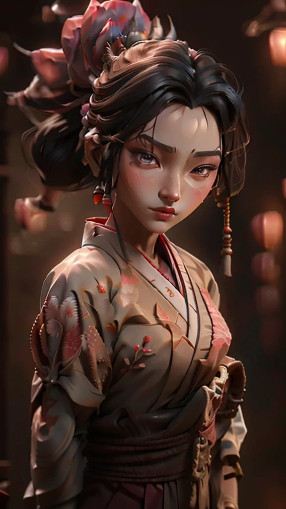 une guerrière ronin,Ahri,portant une robe traditionnelle japonaise,Visage détaillé,Beaux yeux détaillés,belles lèvres détaillées,traits du visage extrêmement détaillés,long cils,élégant,Pose gracieuse,superbe kimono aux motifs complexes,pétales de sakura tombant en arrière-plan,couleurs vives,Éclairage dramatique,très détaillé,8k, Photoréaliste,chef-d&#39;œuvre, fond propre