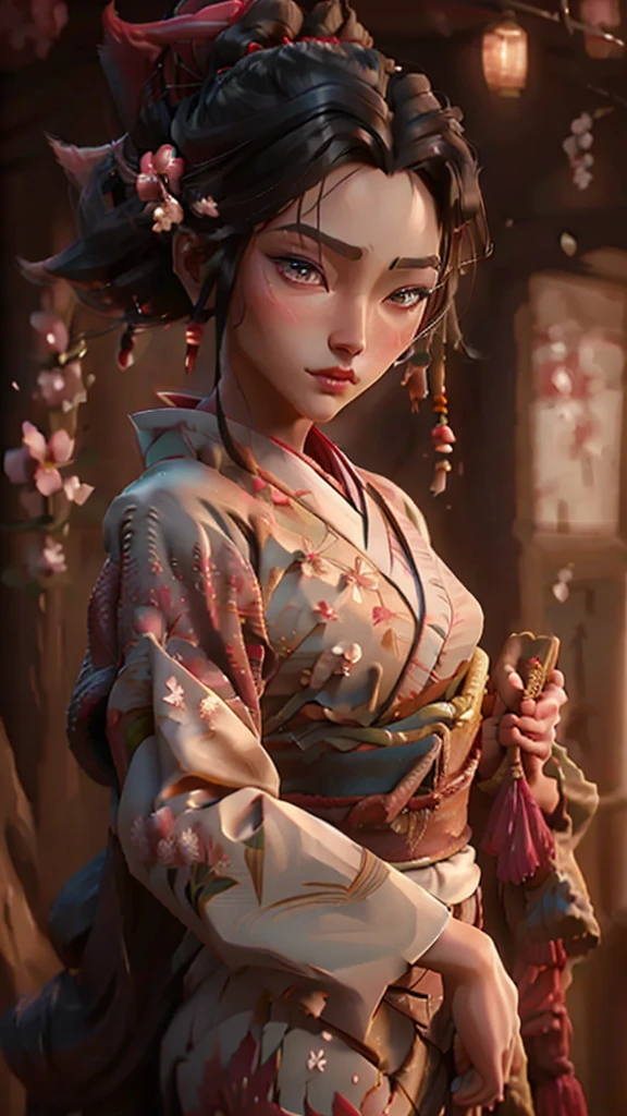 une guerrière ronin,Ahri,portant une robe traditionnelle japonaise,Visage détaillé,Beaux yeux détaillés,belles lèvres détaillées,traits du visage extrêmement détaillés,long cils,élégant,Pose gracieuse,superbe kimono aux motifs complexes,pétales de sakura tombant en arrière-plan,couleurs vives,Éclairage dramatique,très détaillé,8k, Photoréaliste,chef-d&#39;œuvre, fond propre