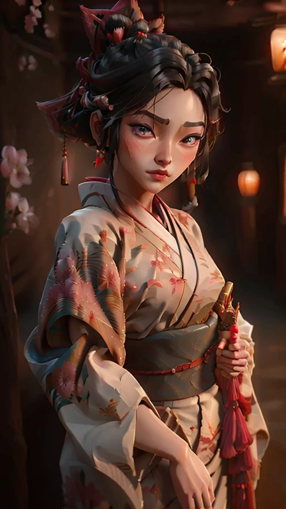 une guerrière ronin,Ahri,portant une robe traditionnelle japonaise,Visage détaillé,Beaux yeux détaillés,belles lèvres détaillées,traits du visage extrêmement détaillés,long cils,élégant,Pose gracieuse,superbe kimono aux motifs complexes,pétales de sakura tombant en arrière-plan,couleurs vives,Éclairage dramatique,très détaillé,8k, Photoréaliste,chef-d&#39;œuvre, fond propre