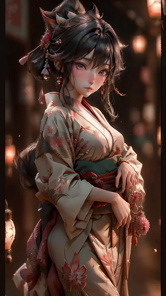 une guerrière ronin,Ahri,portant une robe traditionnelle japonaise,Visage détaillé,Beaux yeux détaillés,belles lèvres détaillées,traits du visage extrêmement détaillés,long cils,élégant,Pose gracieuse,superbe kimono aux motifs complexes,pétales de sakura tombant en arrière-plan,couleurs vives,Éclairage dramatique,très détaillé,8k, Photoréaliste,chef-d&#39;œuvre, fond propre