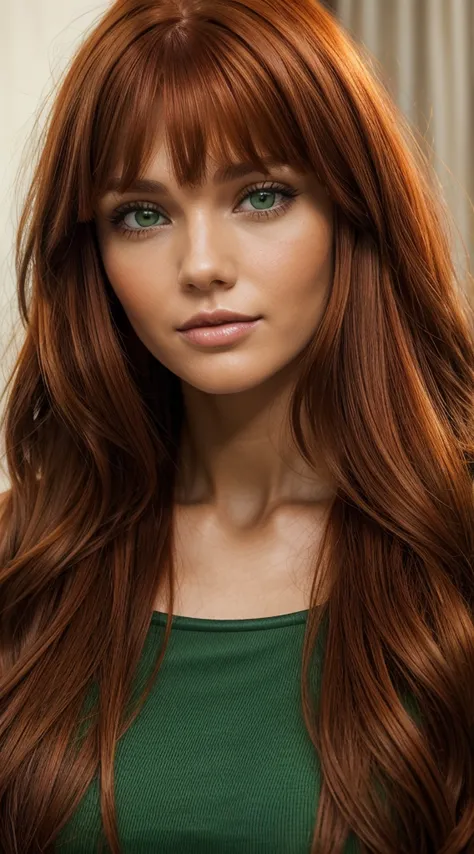 a close up of a woman with long red hair wearing a green top, with a brown fringe, brown long hair with bangs, marta syrko, lore...