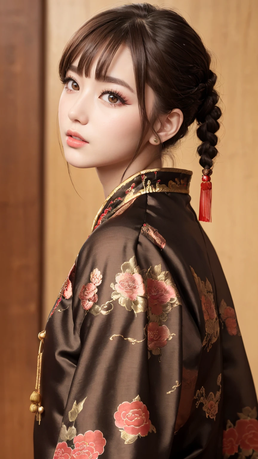 Realistic, masterpiece, Highest quality, Highest Resolution, Anatomically correct, Accurate Anatomy, 7 heads, Height: 165cm, One Japanese woman, profile, Open your mouth and laugh, Staring at the audience, Fine and beautiful eyes, Sparkling eyes, Thin eyebrows, Gives lashes a delicate finish, False eyelashes, (Chinese traditional makeup:1.2), (Braided hair, Blunt bangs, Brown Hair:1.2), Detailed face, Sharp Eyes, (Traditional Chinese Dress, Clothes that fit snugly to the body, Random Color:1.3), Upper body photo, Background like ink painting