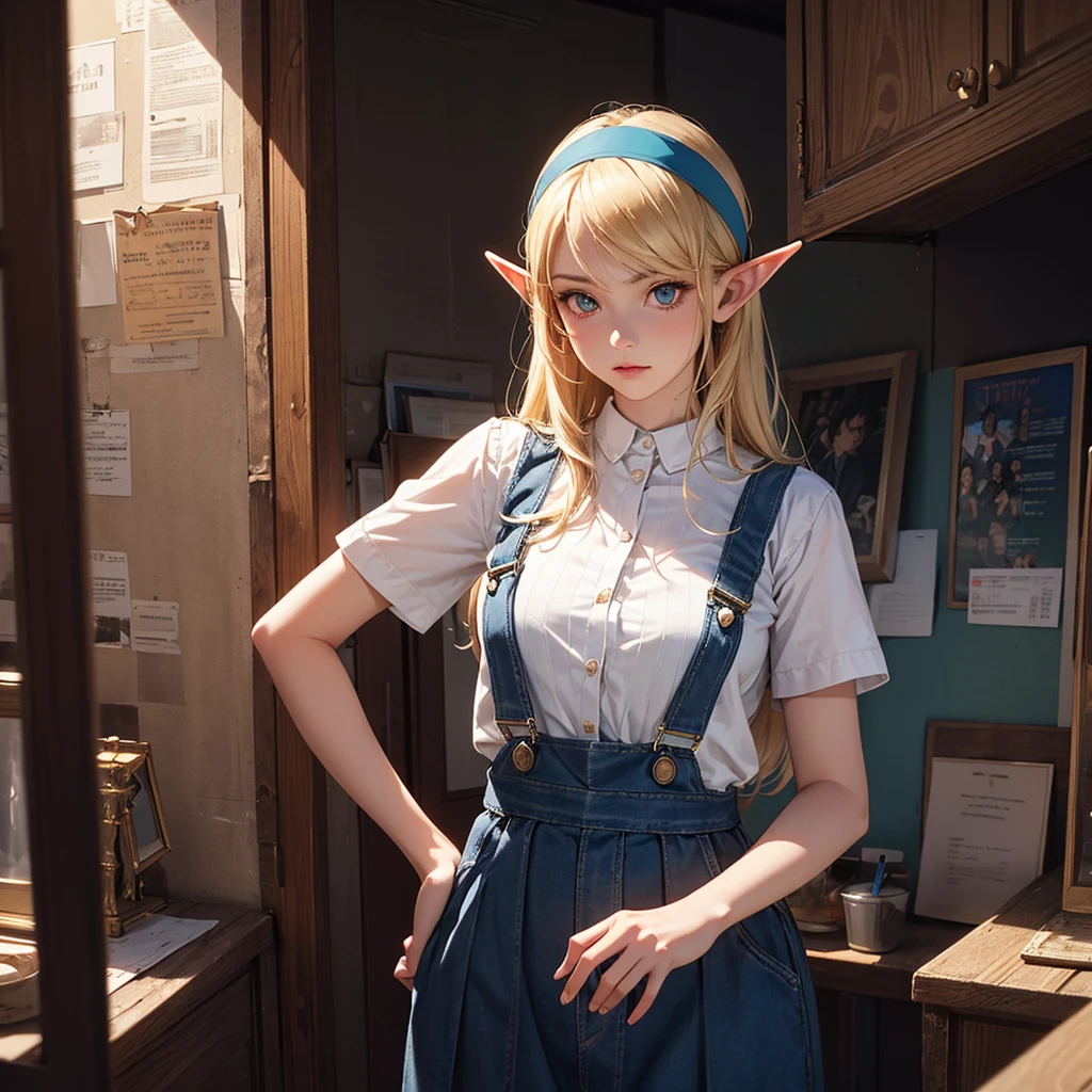 CG, Unity, 8k, wallpaper, Highest quality, masterpiece, Lovely lady, 18-year-old, (Realistic), Best lighting, Complex pupil, Intricate weaving, Elf Girl、A composition that shows the whole body,One Woman,Full Body、Blue skirt and headband,Blonde,Overalls Skirt