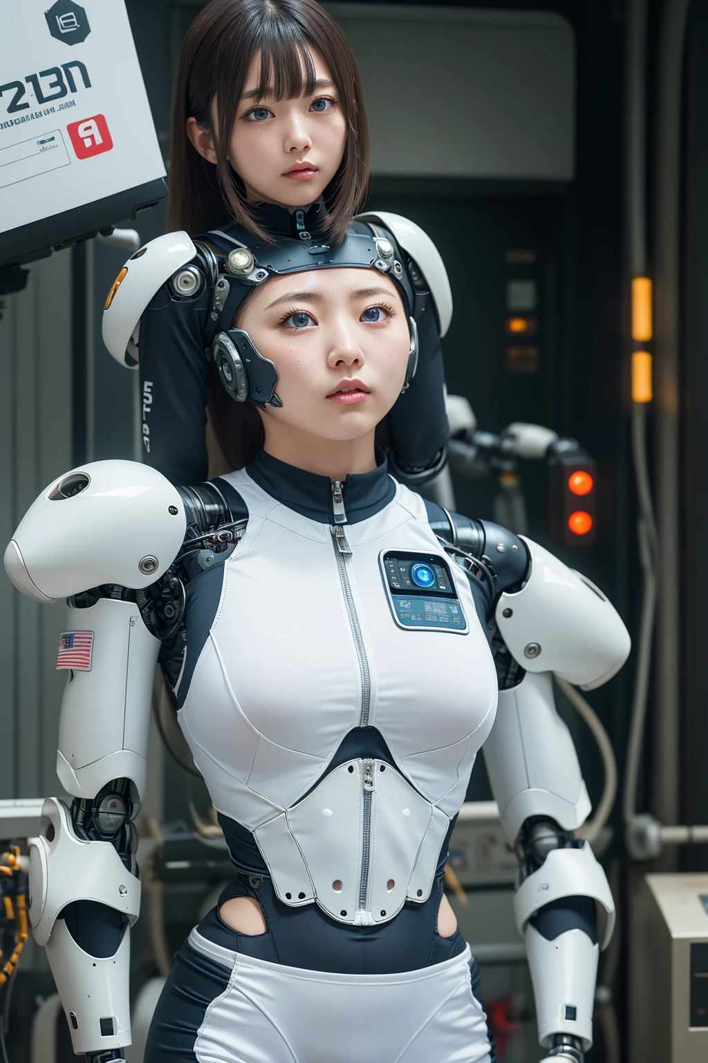 masterpiece, Highest quality, Very detailed, Japanese Android girl,Plump ,Control panel,robot arms,robot,Android,cyborg,white robot body,Ceramic body,perfect robotgirl,Blunt bangs,robot repair plant,Chubby,sports wear,training wear,blue eyes,