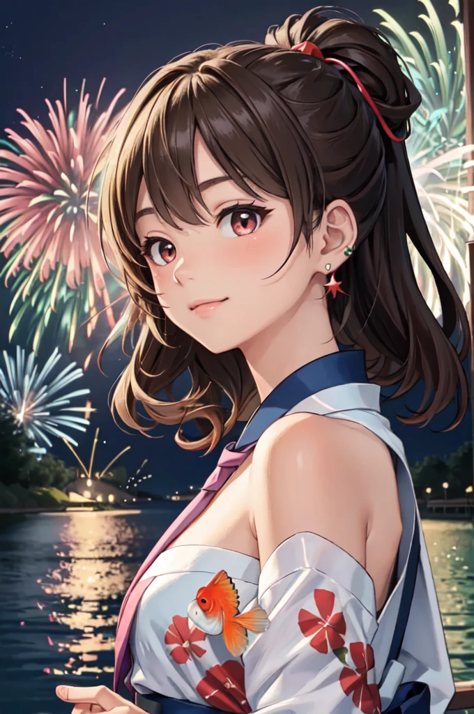 masterpiece, best quality, ultra detailed, highres, extremely detailed CG unity 8k wallpaper, perfect lighting,  very detailed background, beautiful and aesthetic,sharp focus, perfect face, dynamic pose, dynamic angle,
1girl, upper body, (portrait:1.1), multicolored yukata, kanzashi, looking at viewer,  full-face blush, from side, from below, smile,
night, dark sky, misty lake, mountainous horizon, break,aerial fireworks,  (Full of sky fireworks:1.2),
Shoulder Bare、Off the shoulder、(Holding a goldfish from a goldfish scooping game:1.2)、kitagawa marin, 1girl, blonde hair, long hair, multicolored hair, red eyes, jewelry, earrings, piercing,  black choker, blue necktie, 