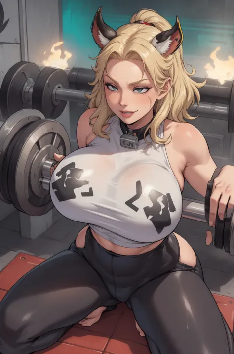 sexy,solo,(fox_girl:1.2),(gym_shirt cover half of her ),flash nippels, (tight_pants:1.2),(blonde_hair:1.2),(smirk:1.2), juicy li...