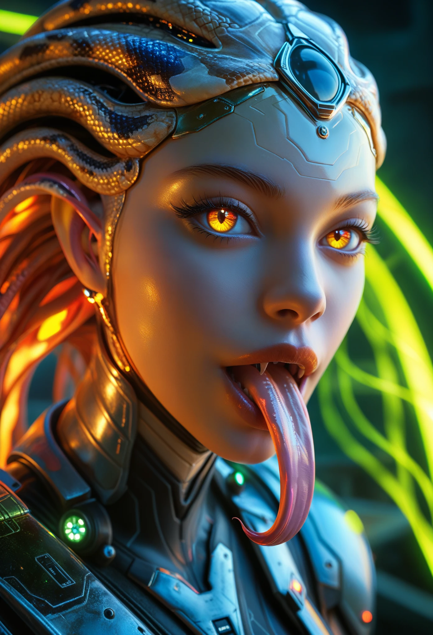 score_9, score_8_up, score_7_up, 1 female medusa alien, A scene from a science fiction movie, beautiful detailed eyes, A third eye on the forehead, beautiful detailed lips, extremely detailed face and eyes, long eyelashes, (long tongue like a snake:1.2), intricate insect-like features, glowing compound eyes, scythe-like forelimbs, alien carapace, vibrant colors, futuristic sci-fi environment, neon lights, glowing energy field, complex technological architecture, dramatic lighting, cinematic atmosphere, award winning digital art, hyper realistic, 8k, high quality, masterpiece, Bioluminescence, Translucent armor, thespiritde, concept art