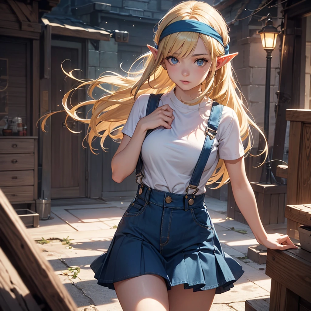 CG, Unity, 8k, wallpaper, Highest quality, masterpiece, Lovely lady, 18-year-old, (Realistic), Best lighting, Complex pupil, Intricate weaving, Elf Girl、A composition that shows the whole body,One Woman,Full Body,Blue skirt and headband,Blonde,Overalls Skirt,Game Character,RPG,Equipment,Combat Uniform