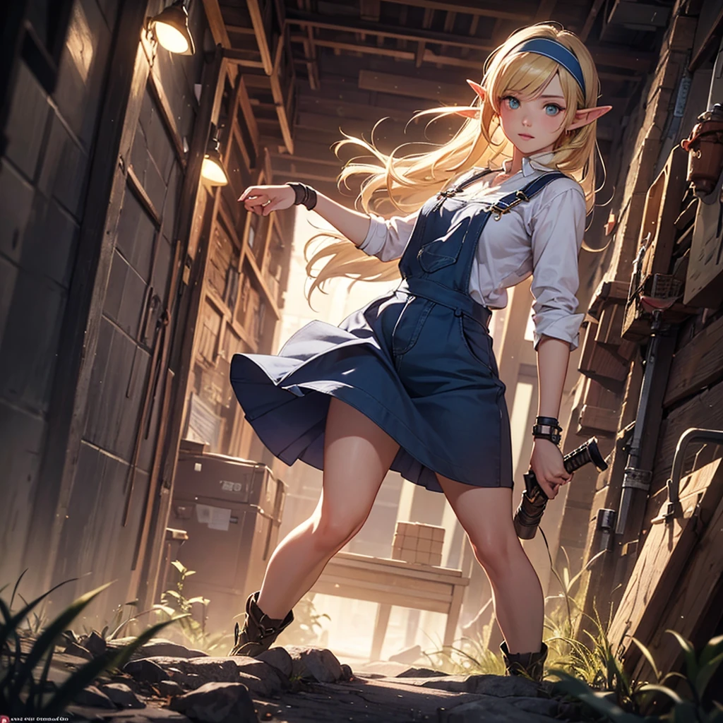 CG, Unity, 8k, wallpaper, Highest quality, masterpiece, Lovely lady, 18-year-old, (Realistic), Best lighting, Complex pupil, Intricate weaving, Elf Girl、A composition that shows the whole body,One Woman,Full Body,Blue skirt and headband,Blonde,Overalls Skirt,Game Character,RPG,Equipment,Combat Uniform