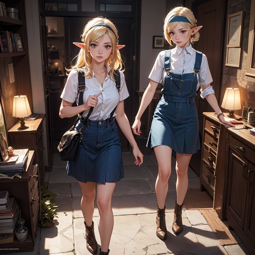 CG, Unity, 8k, wallpaper, Highest quality, masterpiece, Lovely lady, 18-year-old, (Realistic), Best lighting, Complex pupil, Intricate weaving, Elf Girl、A composition that shows the whole body,One Woman,Full Body,Blue skirt and headband,Blonde,Overalls Skirt,Game Character,RPG,Equipment,Combat Uniform