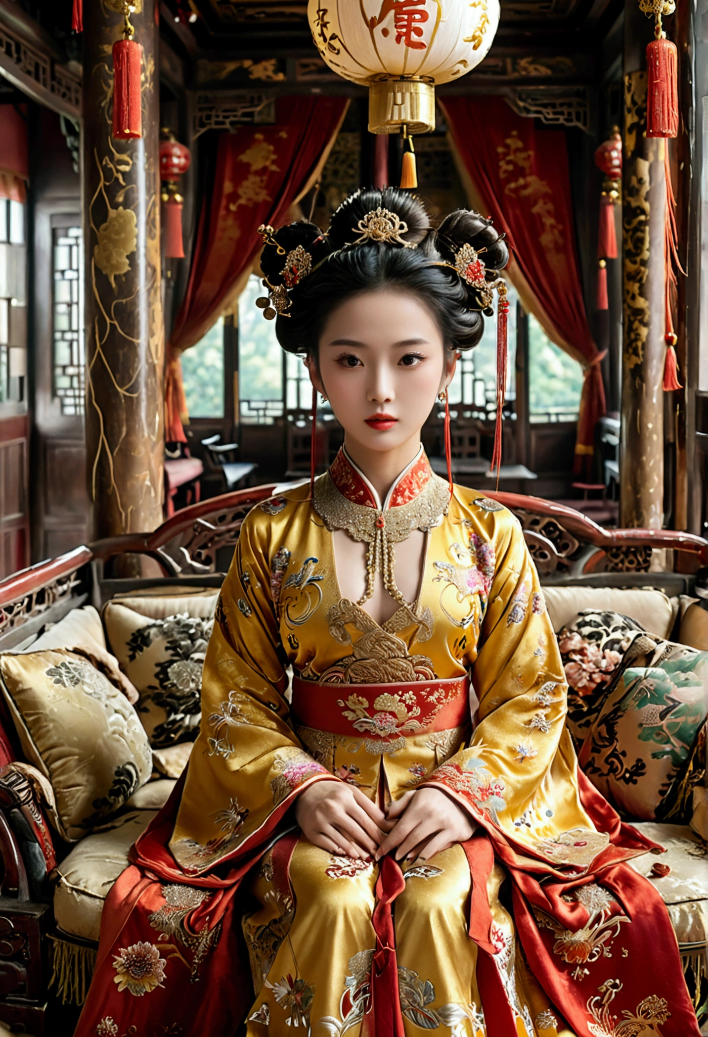 A gorgeous empress from the Chinese imperial court during the Qing Dynasty, fully naked on a large golden sofa, spreading one&#39;s legs open wide with knees bent,creating the shape of the letter M（Porn Pose） A gorgeous Chinese imperial empress with her hair tied on both sides and wearing a crown、Background of kinky and erotic woman tying her hair、The story is set in the luxurious rooms of an empress in the Chinese imperial court during the Qing dynasty.。