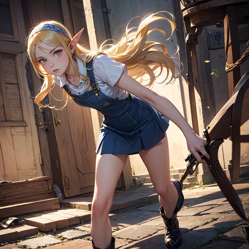 CG, Unity, 8k, wallpaper, Highest quality, masterpiece, Lovely lady, 18-year-old, (Realistic), Best lighting, Complex pupil, Intricate weaving, Elf Girl、A composition that shows the whole body,One Woman,Full Body,Blue skirt and headband,Blonde,Leather Overalls Skirt,Game Character,RPG,Equipment,Combat Uniform