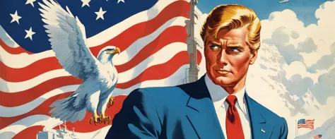 「america」the rough cover of the book (filmotype quaryフォント) a american eagle flying,man look a likes mr.donald trum standing and ...