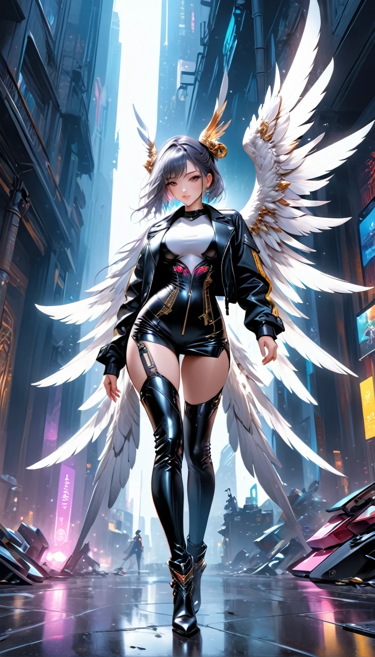 aa picture of an mecha angel wearing black leather jacket, ((full body: 1.5)), exotic beautiful angel ((anatomically correct: 1.5), (ultra detailed face: 1.2), best detailed face, busty, folded wings, white angel wings, (white mecha armor: 1.3), she is wearing ((black leather jacket: 1.5)), intricate leather jacket, loose leather jacket, glam leather jacket, jacket has metallic studs, wearing silk dress, (dynamic color dress)), wearing thigh high heeled boots, cyberpunk church background, , vibrant, Hyperrealism style, vibrant, Ultra-high resolution, High Contrast, (masterpiece:1.5), highest quality, Best aesthetics), best details, best quality, highres, ultra wide angle, 16k, [ultra detailed], masterpiece, best quality, (extremely detailed) RAW, feathered wings, Hyperrealism style