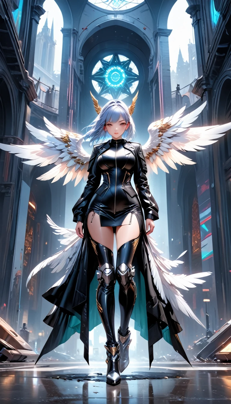 aa picture of an mecha angel wearing black leather jacket, ((full body: 1.5)), exotic beautiful angel ((anatomically correct: 1.5), (ultra detailed face: 1.2), best detailed face, busty, folded wings, white angel wings, (white mecha armor: 1.3), she is wearing ((black leather jacket: 1.5)), intricate leather jacket, loose leather jacket, glam leather jacket, jacket has metallic studs, wearing silk dress, (dynamic color dress)), wearing thigh high heeled boots, cyberpunk church background, , vibrant, Hyperrealism style, vibrant, Ultra-high resolution, High Contrast, (masterpiece:1.5), highest quality, Best aesthetics), best details, best quality, highres, ultra wide angle, 16k, [ultra detailed], masterpiece, best quality, (extremely detailed) RAW, feathered wings, Hyperrealism style