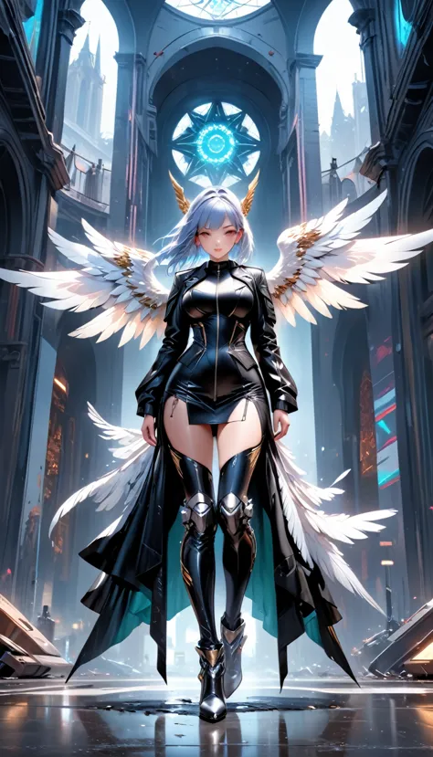 aa picture of an mecha angel wearing black leather jacket, ((full body: 1.5)), exotic beautiful angel ((anatomically correct: 1....