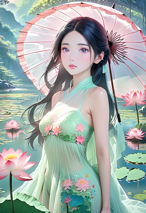 1 big breasted girl，standing under a giant umbrella-shaped pink lotus，full body close-up，black hair，floating hair，hazy beauty，ex...