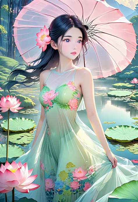 1 big breasted girl，standing under a giant umbrella-shaped pink lotus，full body close-up，black hair，floating hair，hazy beauty，ex...