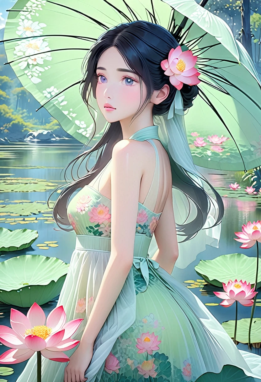 1 big breasted girl，Standing under a giant umbrella-shaped pink lotus，Full body close-up，Black hair，Floating hair，Hazy Beauty，Extremely beautiful facial features，Light green tulle flowing dress，Smooth hair，Surrounded by flowers，Soft light on the face，Perfect anatomical structure，（Flat girly figure，Small Breasts），Colorful flowers，（spring， Wonderful mountain wetlands，in the forest，Mountains）， Simple vector art， Chinese Contemporary Art， Soft lighting， Floating tulle towel，Overlooking