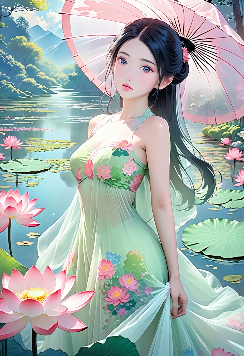 1 big breasted girl，Standing under a giant umbrella-shaped pink lotus，Full body close-up，Black hair，Floating hair，Hazy Beauty，Extremely beautiful facial features，Light green tulle flowing dress，Smooth hair，Surrounded by flowers，Soft light on the face，Perfect anatomical structure，（Flat girly figure，Small Breasts），Colorful flowers，（spring， Wonderful mountain wetlands，in the forest，Mountains）， Simple vector art， Chinese Contemporary Art， Soft lighting， Floating tulle towel，Overlooking