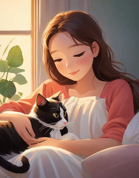 capturing the intimacy between a girl and her cat, their friendship is reflected in their shared moments of affection and playfu...