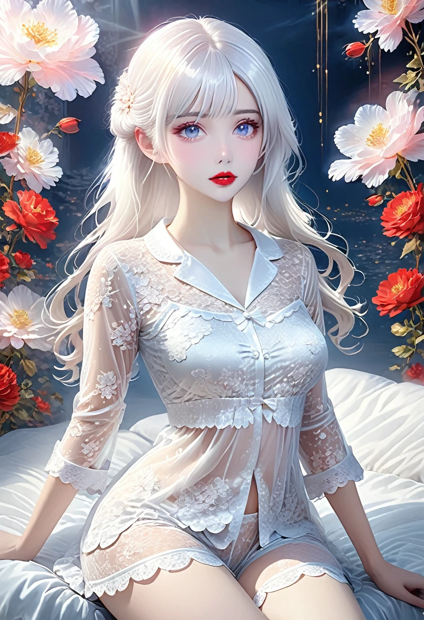 A woman，White hair，Red lips，Long legs，Oval face，White lace pajamas，Tulle clothes，A looming，Extremely detailed，high resolution，Very detailed，Beautiful and delicate girl，Very detailed的眼睛和脸，Beautiful and delicate eyes，There is light on the face，Movie Lighting，Full Body Love，full-body shot