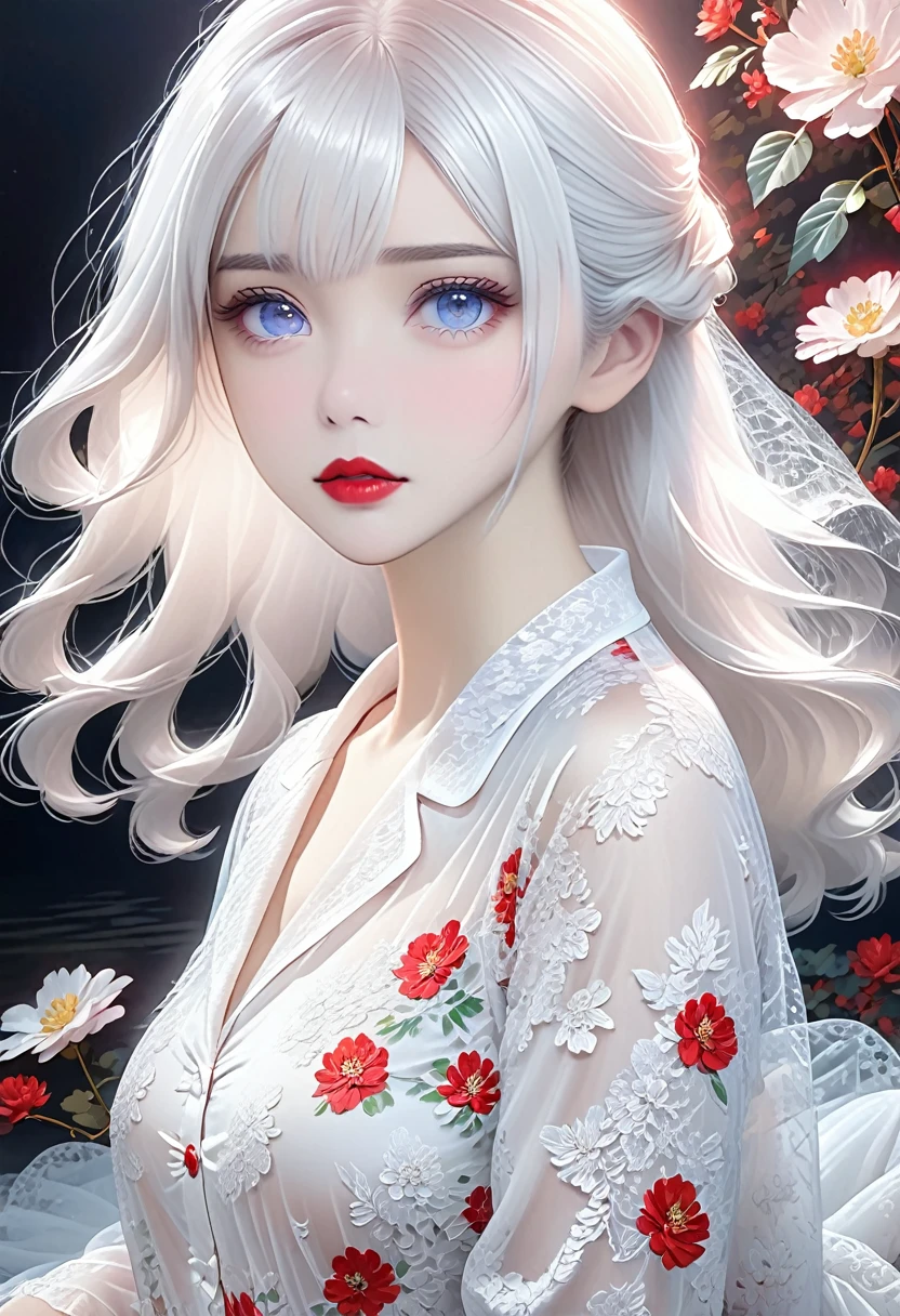 A woman，White hair，Red lips，Long legs，Oval face，White lace pajamas，Tulle clothes，A looming，Extremely detailed，high resolution，Very detailed，Beautiful and delicate girl，Very detailed的眼睛和脸，Beautiful and delicate eyes，There is light on the face，Movie Lighting，Full Body Love，full-body shot