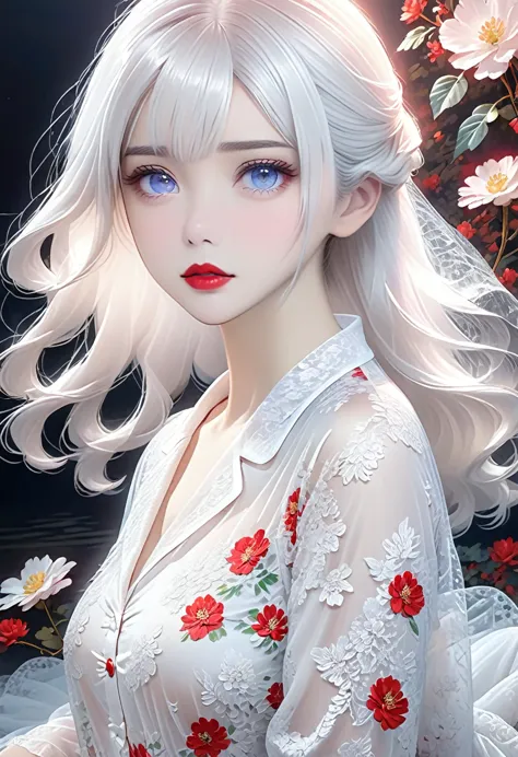 a woman，white hair，red lips，long legs，oval face，white lace pajamas，tulle clothes，a looming，extremely detailed，high resolution，ve...