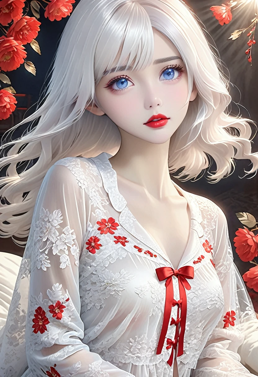 A woman，White hair，Red lips，Long legs，Oval face，White lace pajamas，Tulle clothes，A looming，Extremely detailed，high resolution，Very detailed，Beautiful and delicate girl，Very detailed的眼睛和脸，Beautiful and delicate eyes，There is light on the face，Movie Lighting，Full Body Love，full-body shot