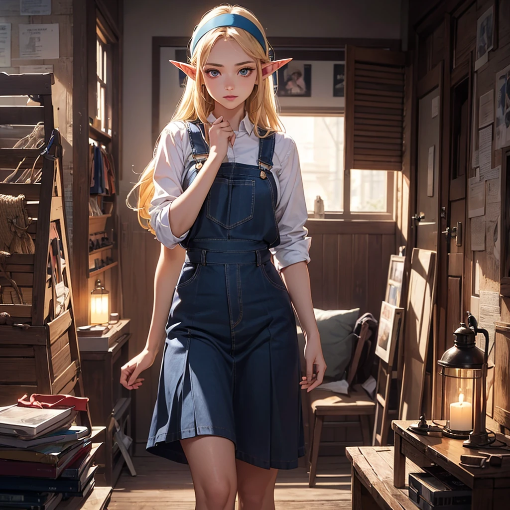 CG, Unity, 8k, wallpaper, Highest quality, masterpiece, Lovely lady, 18-year-old, (Realistic), Best lighting, Complex pupil, Intricate weaving, Elf Girl、A composition that shows the whole body,One Woman,Full Body,Blue skirt and headband,Blonde,Leather Overalls Skirt,Game Character