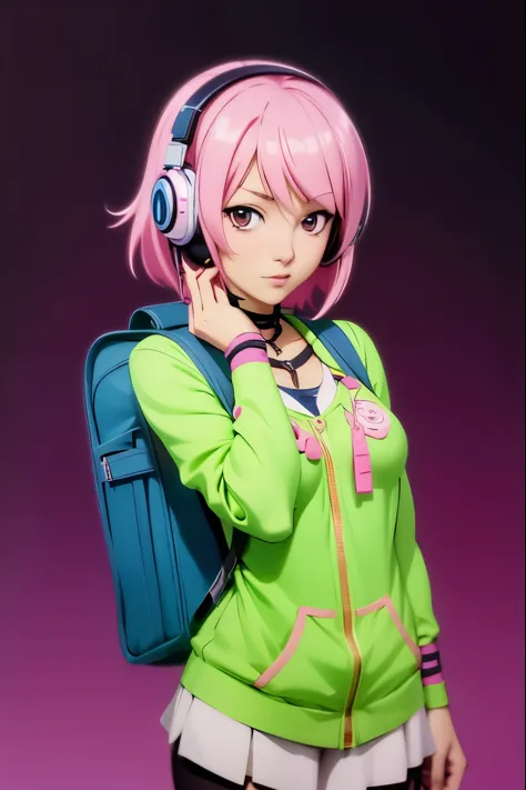 anime girl with headphones and backpack looking at a cell phone, anime style 4 k, alice x. zhang, digital anime art, nightcore, ...