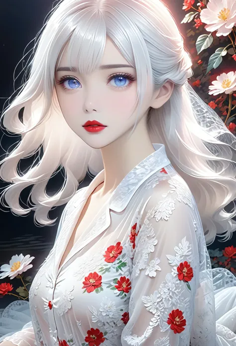 a woman，white hair，red lips，long legs，oval face，white lace pajamas，tulle clothes，a looming，extremely detailed，high resolution，ve...