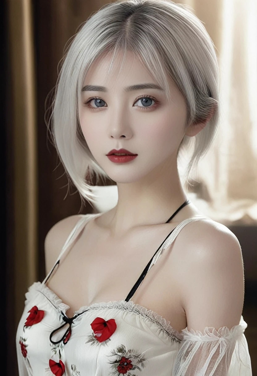 A woman，White hair，Red lips，Long legs，Oval face，White lace pajamas，Tulle clothes，A looming，Extremely detailed，high resolution，Very detailed，Beautiful and delicate girl，Very detailed的眼睛和脸，Beautiful and delicate eyes，There is light on the face，Movie Lighting，Full Body Love，full-body shot