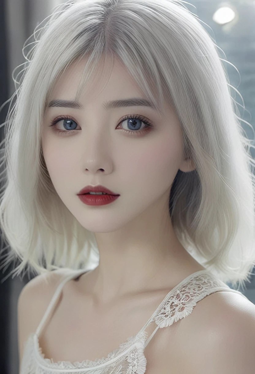 A woman，White hair，Red lips，Long legs，Oval face，White lace pajamas，Tulle clothes，A looming，Extremely detailed，high resolution，Very detailed，Beautiful and delicate girl，Very detailed的眼睛和脸，Beautiful and delicate eyes，There is light on the face，Movie Lighting，Full Body Love，full-body shot