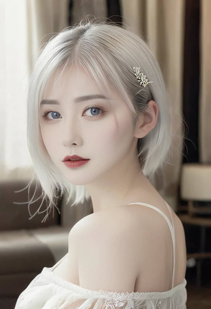 A woman，White hair，Red lips，Long legs，Oval face，White lace pajamas，Tulle clothes，A looming，Extremely detailed，high resolution，Very detailed，Beautiful and delicate girl，Very detailed的眼睛和脸，Beautiful and delicate eyes，There is light on the face，Movie Lighting，Full Body Love，full-body shot