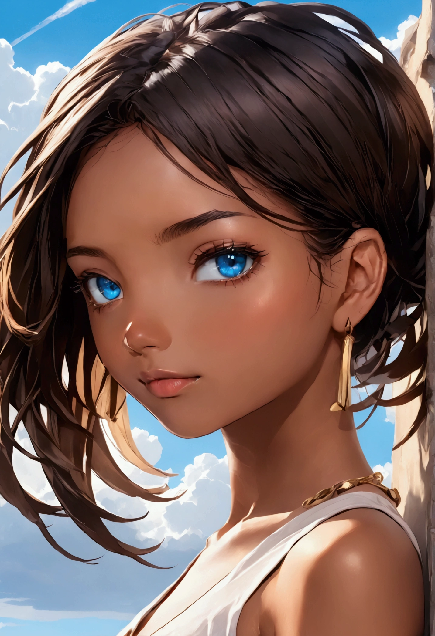 Girl with short brown hair up to Asus ears, sky blue eyes, tanned skin, 