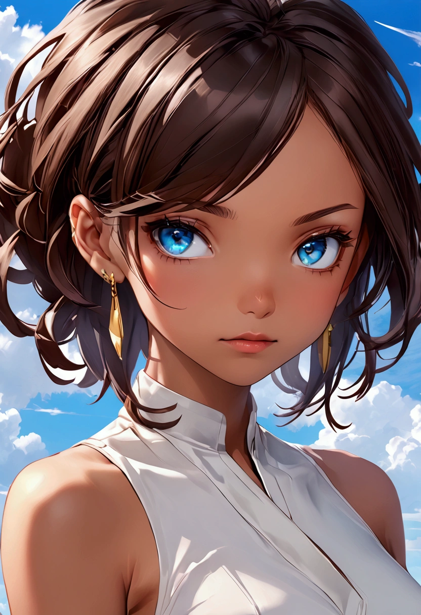 Girl with short brown hair up to Asus ears, sky blue eyes, tanned skin, 