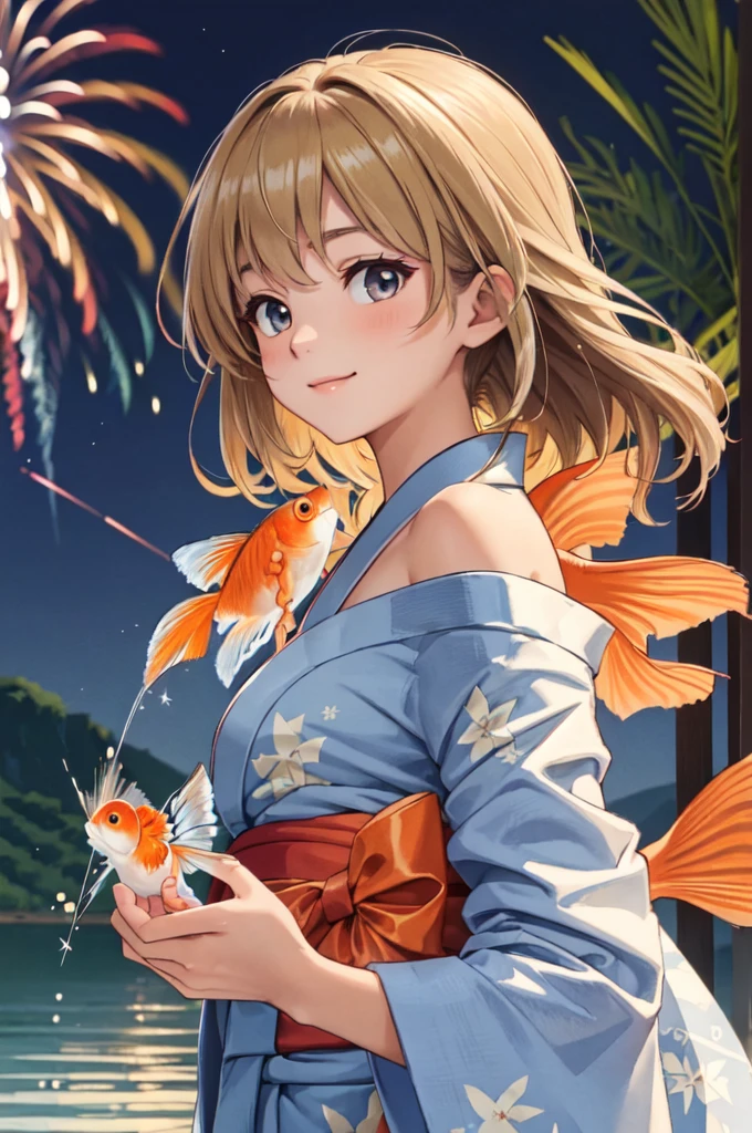 masterpiece, best quality, ultra detailed, highres, extremely detailed CG unity 8k wallpaper, perfect lighting,  very detailed background, beautiful and aesthetic,sharp focus, perfect face, dynamic pose, dynamic angle,
1girl, upper body, (portrait:1.1), multicolored yukata, kanzashi, looking at viewer,  full-face blush, from side, from below, smile,
night, dark sky, misty lake, mountainous horizon, break,aerial fireworks,  (Full of sky fireworks:1.2),
Shoulder Bare、Off the shoulder、(Holding a goldfish from a goldfish scooping game:1.2)、1girl, blonde hair