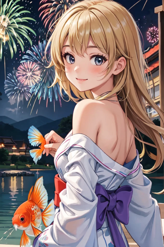 masterpiece, best quality, ultra detailed, highres, extremely detailed CG unity 8k wallpaper, perfect lighting,  very detailed background, beautiful and aesthetic,sharp focus, perfect face, dynamic pose, dynamic angle,
1girl, upper body, (portrait:1.1), multicolored yukata, kanzashi, looking at viewer,  full-face blush, from side, from below, smile,
night, dark sky, misty lake, mountainous horizon, break,aerial fireworks,  (Full of sky fireworks:1.2),
Shoulder Bare、Off the shoulder、(Holding a goldfish from a goldfish scooping game:1.2)、1girl, blonde hair