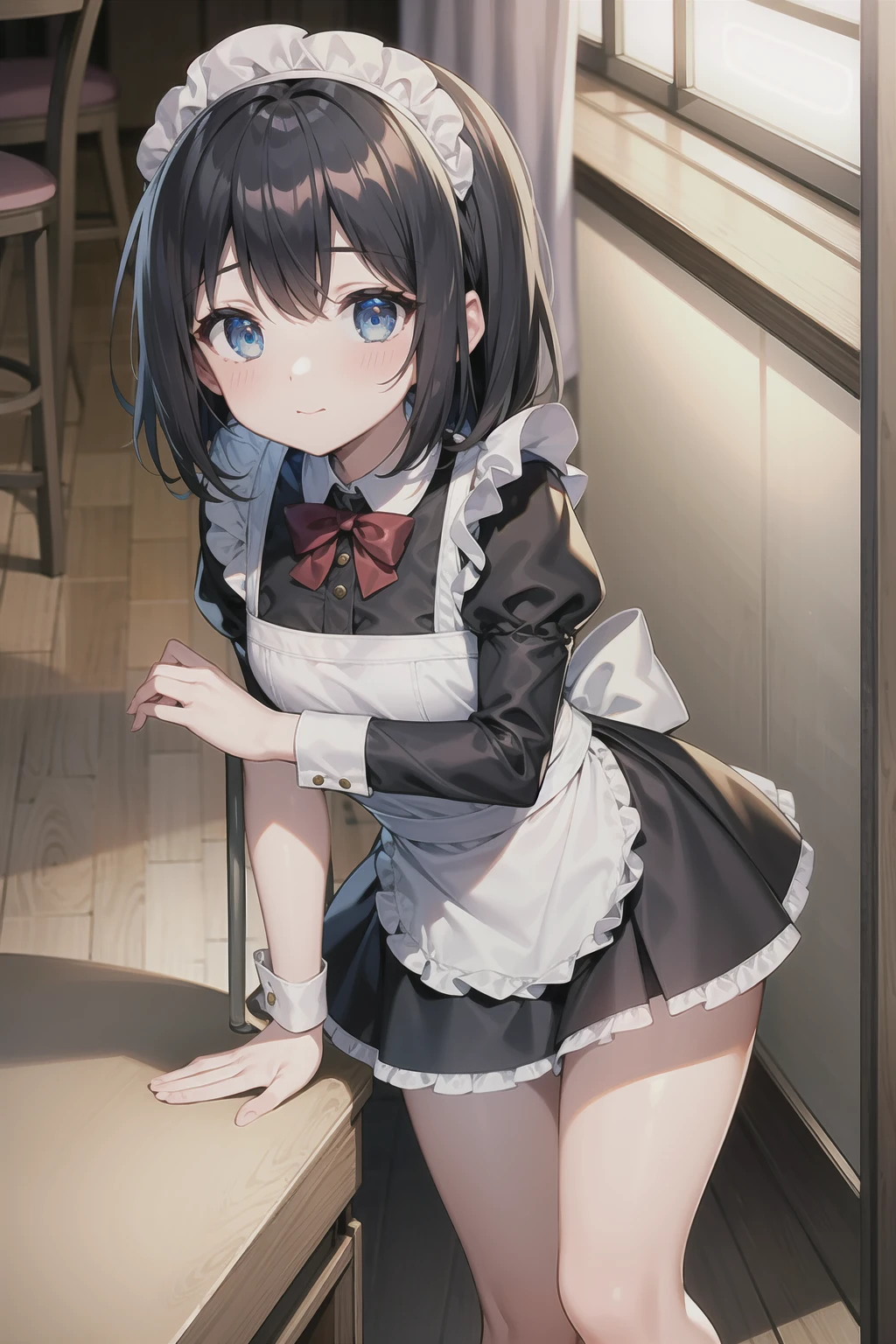 (masterpiece, Highest quality,Perfect lighting),Black Hair,blue eyes,cute,maid,mini skirt,Thighs,