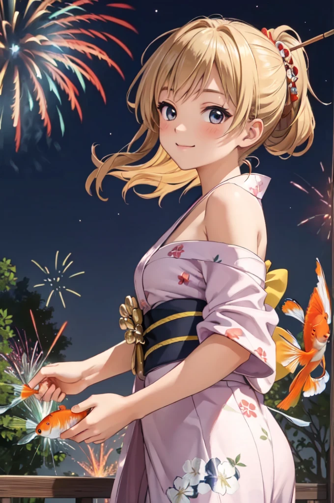 masterpiece, best quality, ultra detailed, highres, extremely detailed CG unity 8k wallpaper, perfect lighting,  very detailed background, beautiful and aesthetic,sharp focus, perfect face, dynamic pose, dynamic angle,
1girl, upper body, (portrait:1.1), multicolored yukata, kanzashi, looking at viewer,  full-face blush, from side, from below, smile,
night, dark sky, misty lake, mountainous horizon, break,aerial fireworks,  (Full of sky fireworks:1.2),
Shoulder Bare、Off the shoulder、(Holding a goldfish from a goldfish scooping game:1.2)、1girl, blonde hair