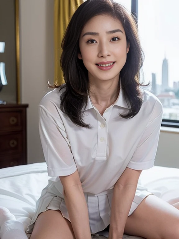 (Masterpiece, Best quality:1.3), (Ultra realistic, Photo-realistic:1.2), Natural light, 28 years old actress, Japanese 2 women, Neat and clean, (White tennis uniform, White short-sleeve polo shirt with darknavy line collar:1.1), (unbutton:1.3), (White pleated skirt:1.1), white sock, (short wavy hair:1.3), ponytail, (Beautiful face), Oval face, clear, Beautiful eyes, Kind eyes, Clear skin, Small face, Beautiful mouth, Small mouth, Natural makeup, Approachable, (nsfw:1.1), Seductive smile, (Seductive pose:1.2), (Beautiful thighs:1.1), (Bedroom eyes:1.1), Embarrassed, Blush, Luxury hotel Suite room, On bed, Hidden camera installed in suite room captures obscene reality of girls high school, (lesbian couple , petting together:1.1), grabbing crotch, erotic hag,