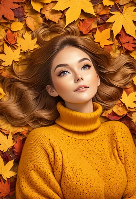 the image shows a person wearing a mustard yellow knitted sweater lying on a bed of autumn leaves. the leaves in the background ...