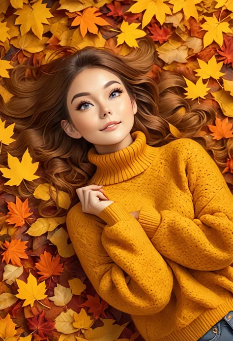 the image shows a person wearing a mustard yellow knitted sweater lying on a bed of autumn leaves. the leaves in the background ...