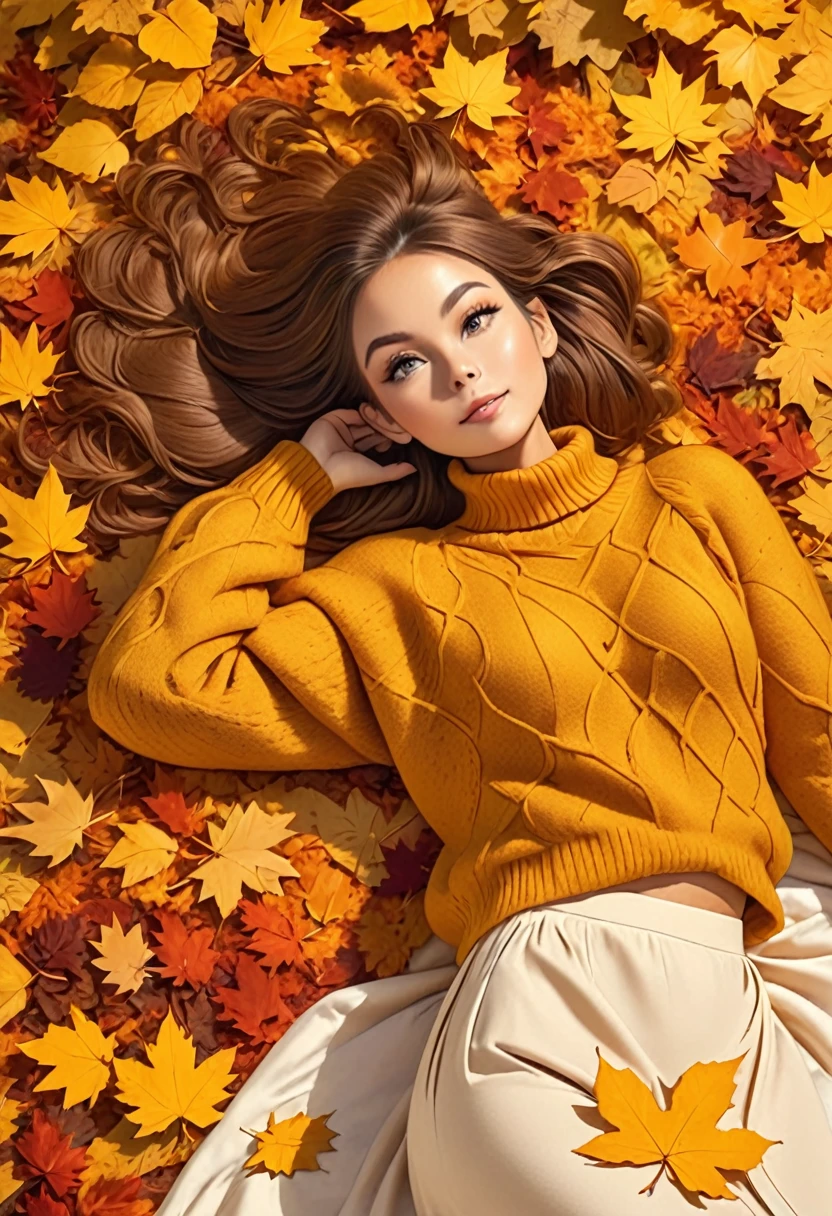 The image shows a person wearing a mustard yellow knitted sweater lying on a bed of autumn leaves. The leaves in the background are a mix of orange, brown and yellow tones, suggesting the fall season.