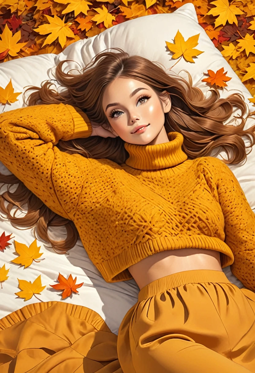 The image shows a person wearing a mustard yellow knitted sweater lying on a bed of autumn leaves. The leaves in the background are a mix of orange, brown and yellow tones, suggesting the fall season.