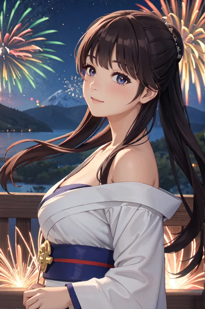 masterpiece, best quality, ultra detailed, highres, extremely detailed CG unity 8k wallpaper, perfect lighting,  very detailed background, beautiful and aesthetic,sharp focus, perfect face, dynamic pose, dynamic angle,
1girl, upper body, (portrait:1.1), multicolored yukata, kanzashi, looking at viewer,  full-face blush, from side, from below, smile,
night, dark sky, misty lake, mountainous horizon, break,aerial fireworks,  (Full of sky fireworks:1.2),
Shoulder Bare、Off the shoulder