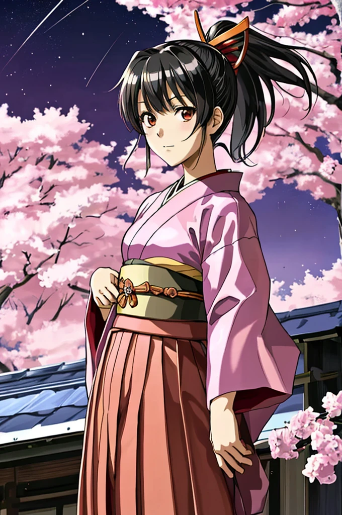 Highest quality，（anime_Sakura Shinguji），Kosuke Fujishima，（smug face）， (日Book刀)，Shrine maiden，kimono，（Starry Sky_background），Young Girl， ４K，alone, whole body，（pink_kimono），Red long skirt，Red_ribbon，Straight bangs，（Black Hair），ponytail，（５Book_refer to）, Hyper Detail